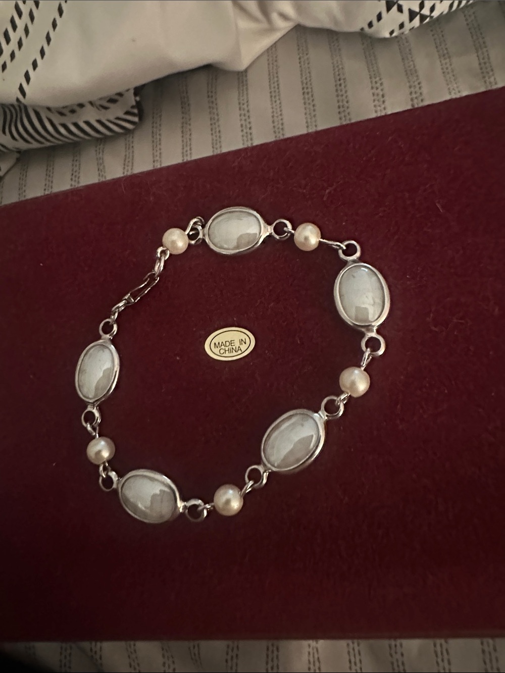 Silver-Tone White Cabochon and Pearl Link Bracelet